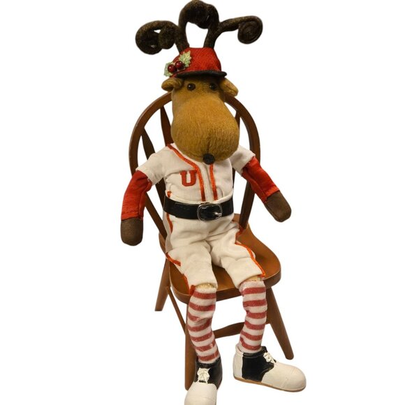 Baseball Reindeer Figurine with Wooden Doll Chair Christmas Sports Decor 15 Inch - Picture 1 of 16